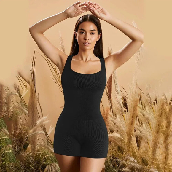 Women Jumpsuit Ribbed One Piece  Tank Top Sleeveless Bodycon Sport Shorts - Picture 7 of 8